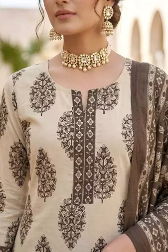 Beige floral printed cotton kurta set for women