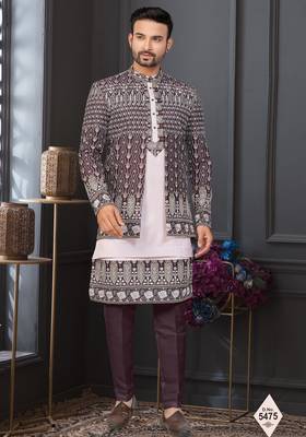 Dark maroon jacket-style indo-western set with thread and stone work, perfect for weddings and festive occasions. 1