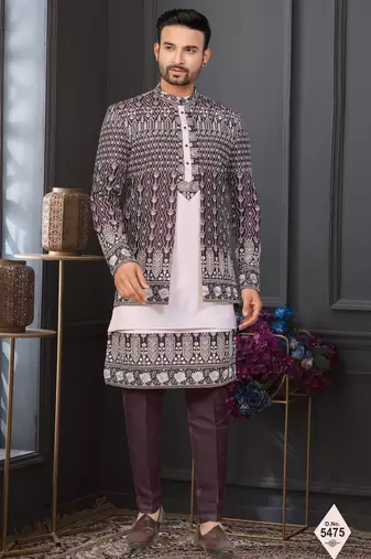 Dark maroon jacket-style indo-western set with thread and stone work, perfect for weddings and festive occasions.