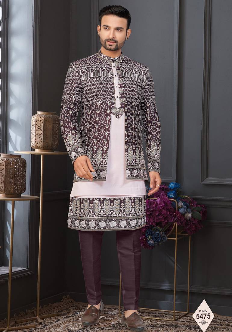 Dark maroon jacket-style indo-western set with thread and stone work, perfect for weddings and festive occasions.