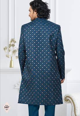 Blue jacket-style indo-western set with thread and stone work, perfect for weddings and festive occasions. 3