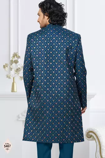 Blue jacket-style indo-western set with thread and stone work, perfect for weddings and festive occasions.