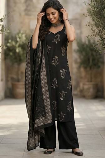 Black floral printed pure cotton kurta set for women