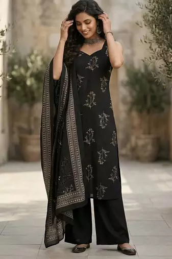 Black floral printed pure cotton kurta set for women