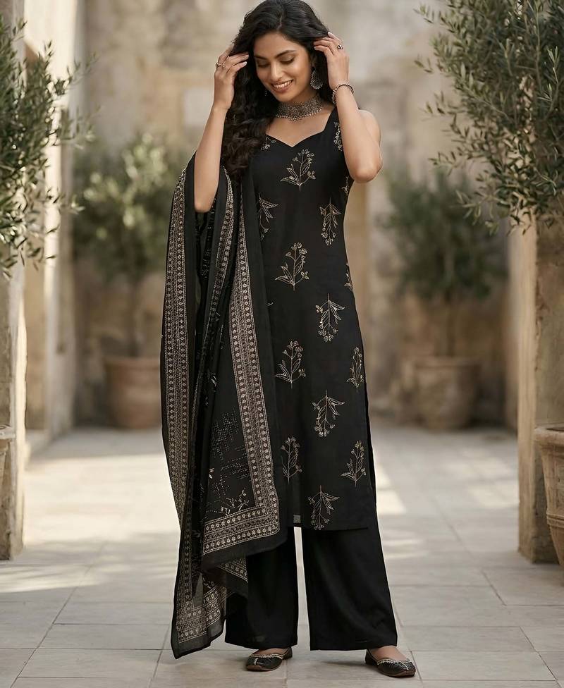 Black floral printed pure cotton kurta set for women