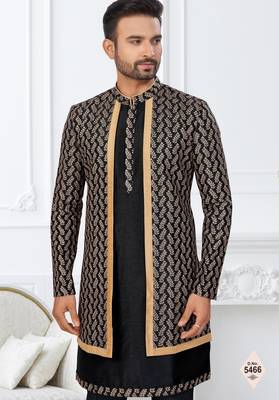 Black jacket-style indo-western set with thread and stone work, perfect for weddings and festive occasions. 2