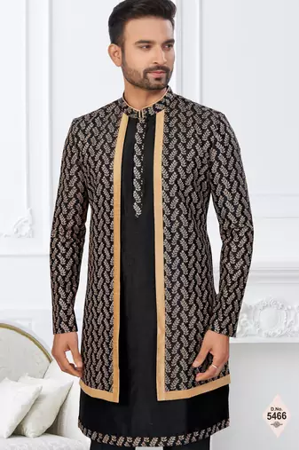 Black jacket-style indo-western set with thread and stone work, perfect for weddings and festive occasions.