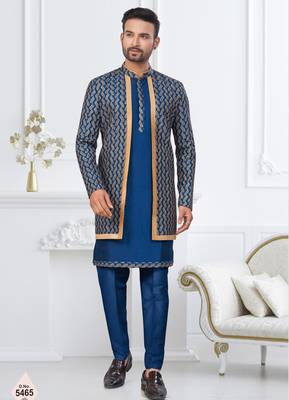 Blue jacket-style indo-western set with thread and stone work, perfect for weddings and festive occasions. 1