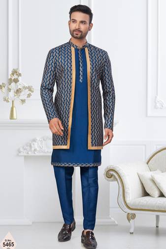 Blue jacket-style indo-western set with thread and stone work, perfect for weddings and festive occasions.