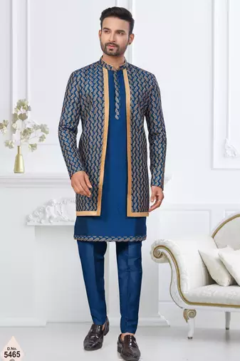 Blue jacket-style indo-western set with thread and stone work, perfect for weddings and festive occasions.