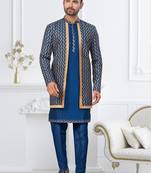 Blue jacket-style indo-western set with thread and stone work, perfect for weddings and festive occasions.