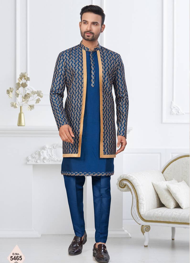 Blue jacket-style indo-western set with thread and stone work, perfect for weddings and festive occasions.