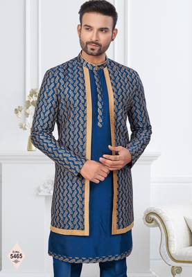 Blue jacket-style indo-western set with thread and stone work, perfect for weddings and festive occasions. 2