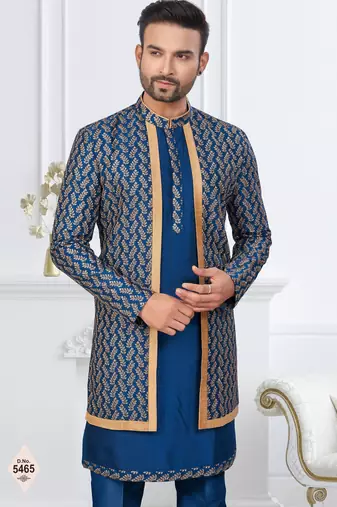 Blue jacket-style indo-western set with thread and stone work, perfect for weddings and festive occasions.