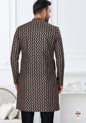 Black jacket-style indo-western set with thread and stone work, perfect for weddings and festive occasions. 3