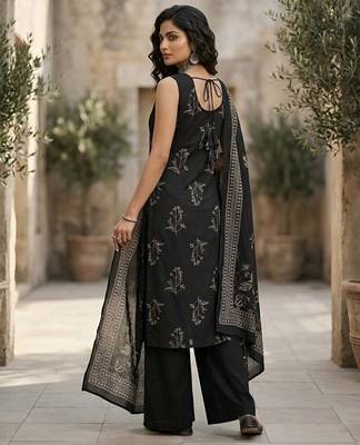 Black floral printed pure cotton kurta set for women 2