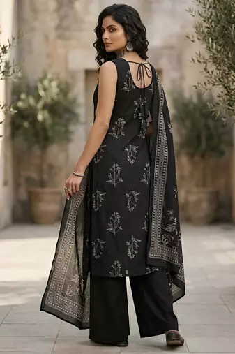 Black floral printed pure cotton kurta set for women