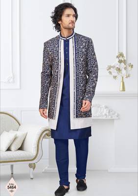 Blue jacket-style indo-western set with thread and stone work, perfect for weddings and festive occasions. 1