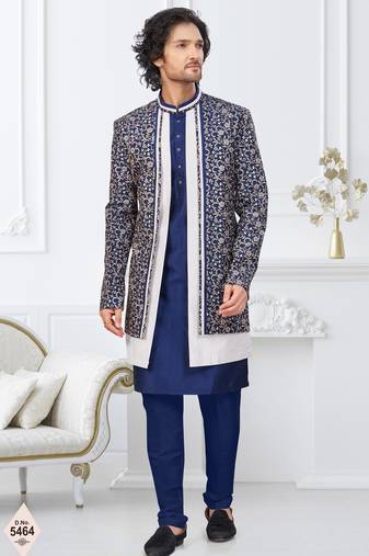 Blue jacket-style indo-western set with thread and stone work, perfect for weddings and festive occasions.