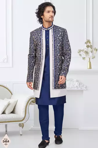 Blue jacket-style indo-western set with thread and stone work, perfect for weddings and festive occasions.