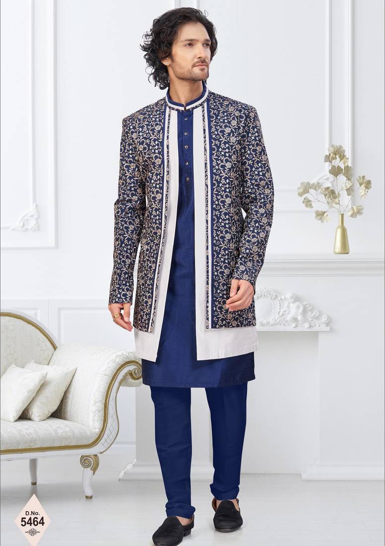 Blue jacket-style indo-western set with thread and stone work, perfect for weddings and festive occasions.