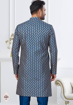 Blue jacket-style indo-western set with thread and stone work, perfect for weddings and festive occasions. 3