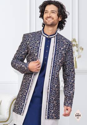 Blue jacket-style indo-western set with thread and stone work, perfect for weddings and festive occasions. 2