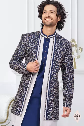 Blue jacket-style indo-western set with thread and stone work, perfect for weddings and festive occasions.