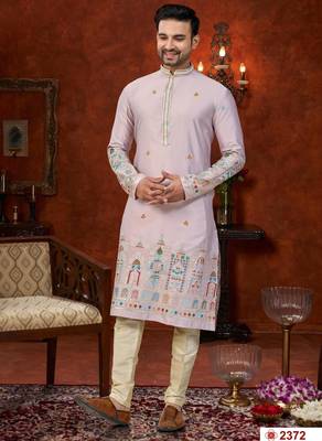 Purple colour soft silk kurta pajama set with floral buti and hem embroidery—perfect for festive wear. 1