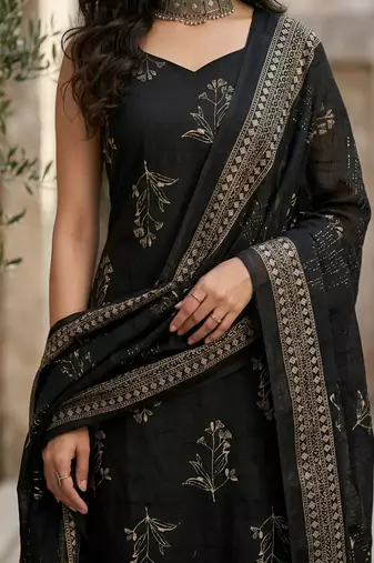 Black floral printed pure cotton kurta set for women
