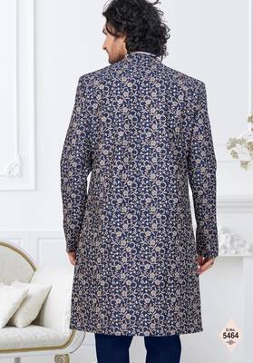 Blue jacket-style indo-western set with thread and stone work, perfect for weddings and festive occasions. 3
