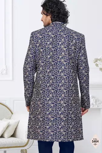 Blue jacket-style indo-western set with thread and stone work, perfect for weddings and festive occasions.
