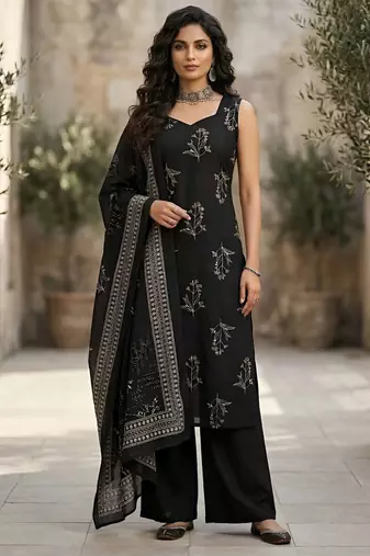 Black floral printed pure cotton kurta set for women