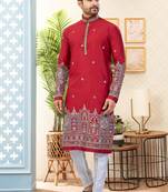 Maroon soft silk kurta pajama set with floral buti and hem embroidery—perfect for festive wear.