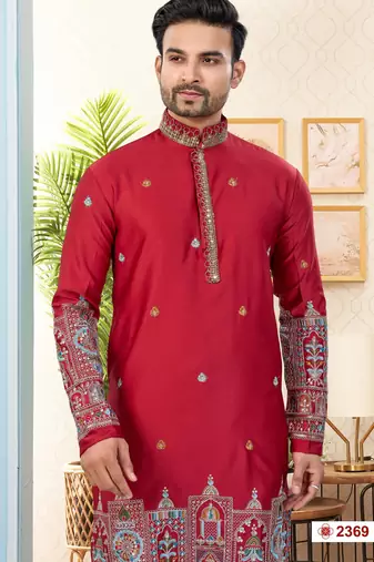 Maroon soft silk kurta pajama set with floral buti and hem embroidery—perfect for festive wear.
