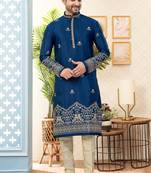 Blue soft silk kurta pajama set with floral buti and hem embroidery—perfect for festive wear.