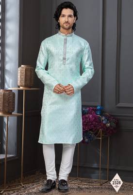 Mint blue banarasi jacquard festive wear kurta pajama set with thread work and fancy buttons 1