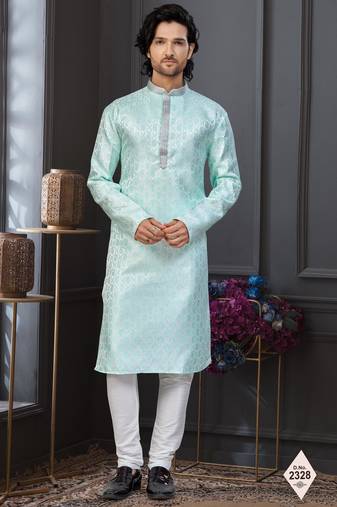 Mint blue banarasi jacquard festive wear kurta pajama set with thread work and fancy buttons