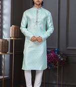 Mint blue banarasi jacquard festive wear kurta pajama set with thread work and fancy buttons