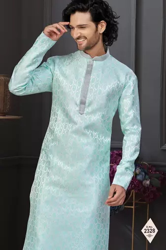 Mint blue banarasi jacquard festive wear kurta pajama set with thread work and fancy buttons