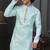 Mint blue banarasi jacquard festive wear kurta pajama set with thread work and fancy buttons