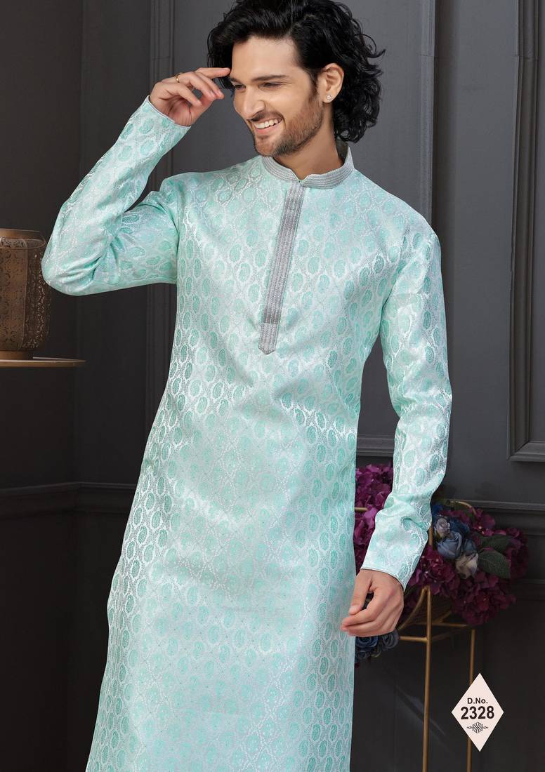 Mint blue banarasi jacquard festive wear kurta pajama set with thread work and fancy buttons