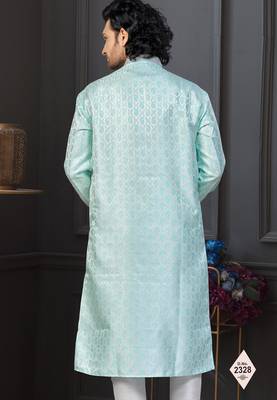 Mint blue banarasi jacquard festive wear kurta pajama set with thread work and fancy buttons 3