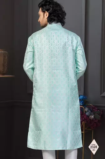 Mint blue banarasi jacquard festive wear kurta pajama set with thread work and fancy buttons