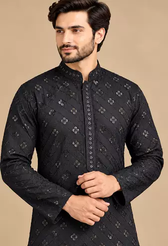 Black Trending Heavy Rayon Lakhnavi Sequin Thread Work Ethnic Festive Wear Kurta With Pyjama