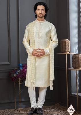 Yellow colour banarasi jacquard festive wear kurta pajama set with thread work and fancy buttons 1