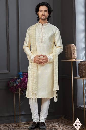 Yellow colour banarasi jacquard festive wear kurta pajama set with thread work and fancy buttons