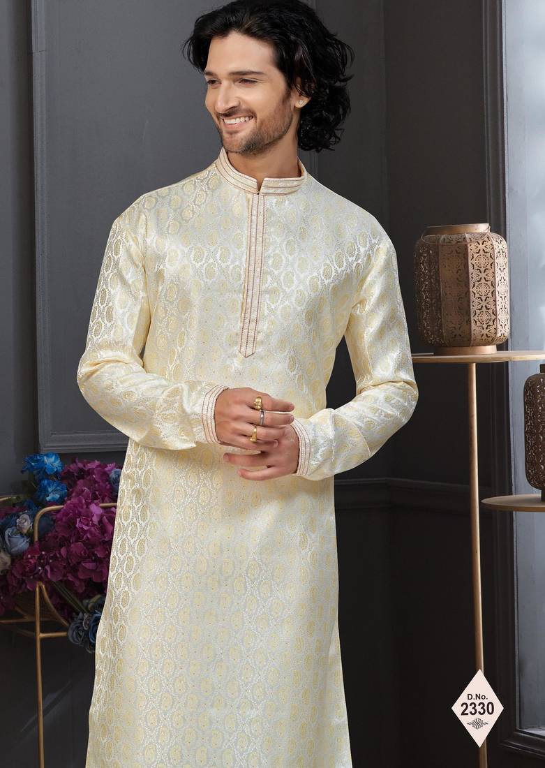 Yellow colour banarasi jacquard festive wear kurta pajama set with thread work and fancy buttons
