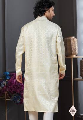 Yellow colour banarasi jacquard festive wear kurta pajama set with thread work and fancy buttons 3