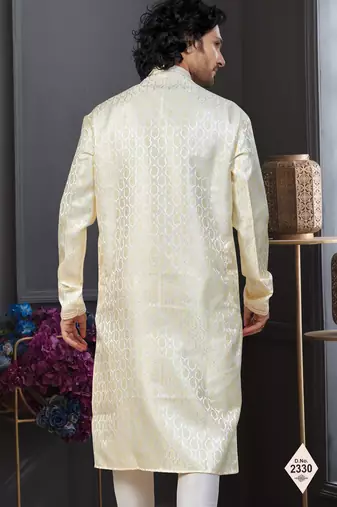 Yellow colour banarasi jacquard festive wear kurta pajama set with thread work and fancy buttons